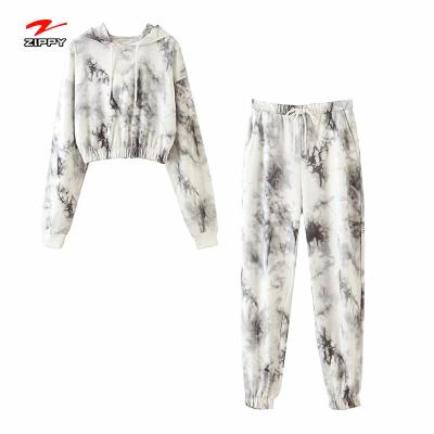 China High Quality QUICK DRY Tie Dye Crop High Quality Street Design Long Sleeve Hoodies Ladies Fashion Sweatshirt Top Lounge Set Women for sale