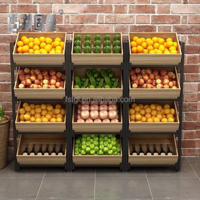 China Customized Modern Double Sided 4 Tier Fruit Wooden Retail Display Stand And Rack for sale