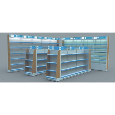 China Freestanding Single Sided Pharmacy Retail Store Pharmacy Multilayer Steel Wood Display Stands for sale