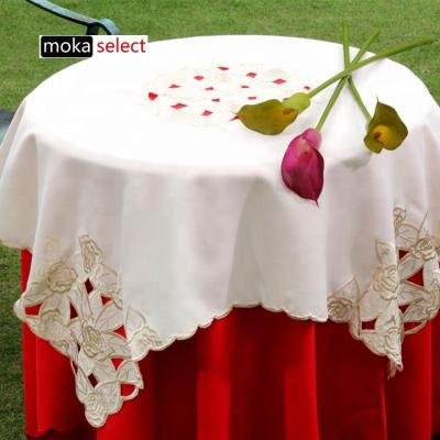 China Can Be Embroidery Stretch Sequin Lace Rosette Petal Round Cotton Restaurant Wedding Party Table Cloth Customized White Embroidered Linen Factory for sale