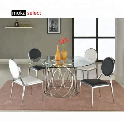 China Foldable Modern Chinese Round Stainless Steel Event Wedding Dining Furniture Industrial Table with Glass Chair Designs and Sets for sale