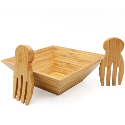 China Sustainable bamboo salad bowl set with serving hands, 11inch x 4inch diameter, includes large square bowl for sale