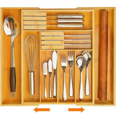 China Bonus Expandable Viable Bamboo Kitchen Drawer Organizer 2 Knife Blocks Adjustable Organizer Silverware Utensil Holder and Cutlery Tray for sale