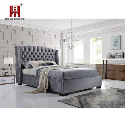 China Modern Gray Velvet Fabric Button Bed Wing Back Chesterfield King Size Tufted Frame Bed for sale