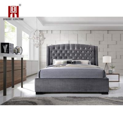 China Comfortable Modern King Size Bed Frame Wing Back Chesterfield Gray Velvet Fabric Button Bed for sale