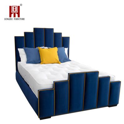 China Dingzhi modern furniture luxury bed end and ancient designs velvet adorned wooden double bed set for sale