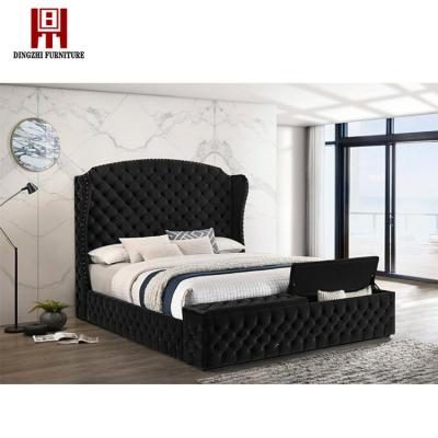 China Simple Elegant High End Style High Headboard With Storage Function In The Footboard Button Velvet Storage Bed for sale