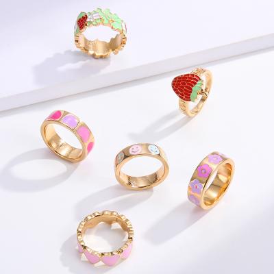 China Women Girls Summer Alloy Gold Enamel Painting Ring Band Ring Strawberry Heart Enamel Cute Flower Smiling Face Ring for sale