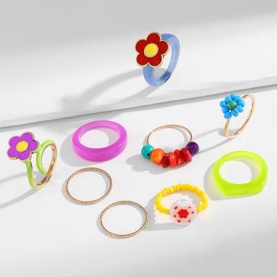 China Factory Y2K Summer Fashion Lead Free Nickel Free Rings Sets Candy Color Women Neon Girl Colored Luster Enamel Resin Flower Ring for sale