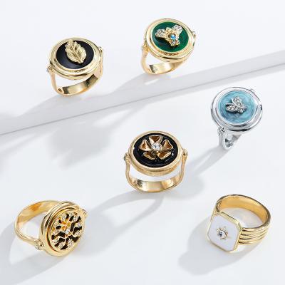 China Environmental Friendly Wholesale Women Vintage Copper 18k Gold Seal Ring Retro Round Zircon Beaded Gold Plated Enamel Ring for sale