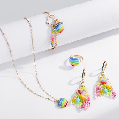 China Summer Enamel Rainbow Heart Necklace Bracelet Ring Set For Woman Copper Environmental Friendly Jewelry Set for sale