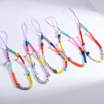 China Eco-friendly Summer Face Disc Pottery Clay Beaded Phone Chain Rainbow Mobile Phone Chain Cute Smiling Colorful Strap for sale