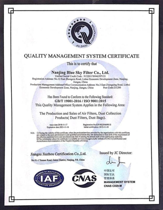 ISO9001 - Nanjing Blue Sky Filter Co., Ltd.