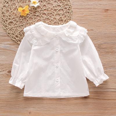 China 2022 Autumn Newest Style Zhejiang Style Kids Clothing Baby Girl Breathable White Color Cotton Sheath Long Blouses Doll Collar Shirts Tops for sale