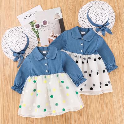 China Breathable Babies Denim Tulle Dresses, One Piece Patchwork Cowgirl Princess Dress Long Sleeve Toddler Tutu Overalls For 1-6T for sale