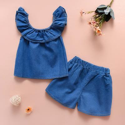 China 2022 New Casual Baby Clothes Denim Outfits Crop Top One-Shoulder Full +Jeans Pants Two Piece Sets For Girls Summer Hot Style for sale