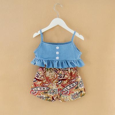 China 2022 Factory Breathable Toddler Baby Off Shoulder Crop Top Denim Shorts With Flower Printing Shorts Pants Teams Summer Clothes Set for sale