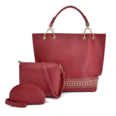 China Hot Selling Retro Fashion Style Women Western Rivet Satchel Bag 3pcs Leather Bag Set for sale