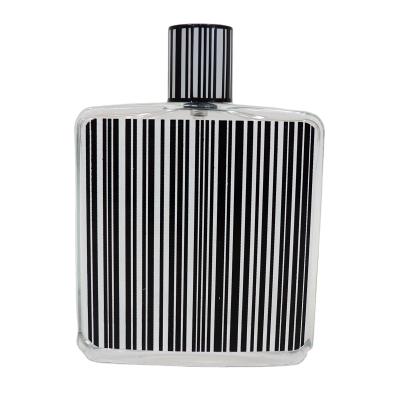 China Wholesale Custom 200ml Square Black And White Striped Flat Empty Refillable Personal Care Glass Perfume Bottle for sale