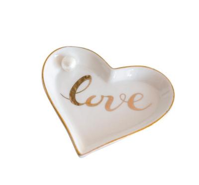 China Ceramic Jewelry Tray Dish Customized Logo Graphic Home Decor Heart Shape With Gold Line Decorative Trinket Dish Gifts For Love for sale