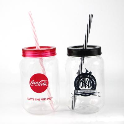 China Freshness Retention Cold Beverage Using Single Wall Plastic Mason Jar With Lid And Plastic Straw for sale