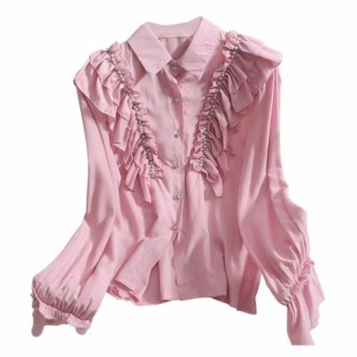 China Viable Women's Spring Summer Elegant Beaded Ruffled Long Sleeve Shirt Blouse Sheer Color All-matching Straight Shirt Tops for sale