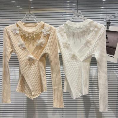 China Wholesales Breathable 2022 Spring Design Women's Sweater Sweater Pearl Hollow Tassel Flowers Knitted Sweater Ladies Knitted Top for sale