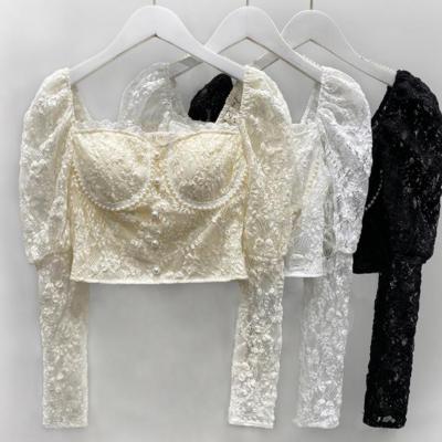 China Spring 2022 New Spring Crop Top Slim Fit Women's Long Sleeve Lace Long Sleeve Blouses Soft Ladies Soft Off-shoulder Shirt for sale