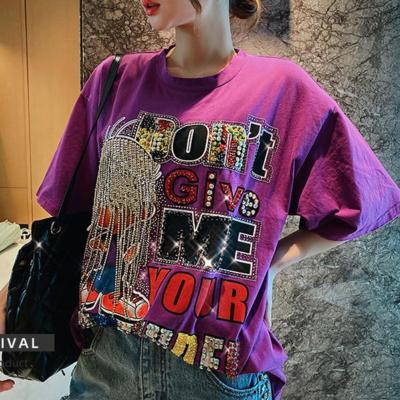 China Viable Women Spring 2022 Summer T Shirts New Loose Streetwear Short Sleeve Tee Tops Diamond Round Neck Tshirts Printed for sale