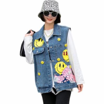 China Beaded Denim Vest Smiley Denim Vest Mid-Length Single-Breasted Sequins Loose Blue Denim Vest Summer Viable Women's Spring Retro for sale