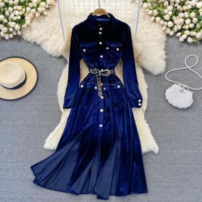 China Retro Viable Ladies Velvet Casual Dress Straight Lapel Long Sleeve Gold Sleeve Elegant Dress Elegant Graceful Spring Dress for sale