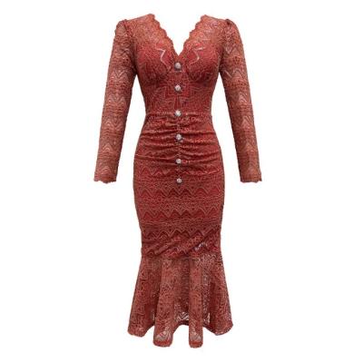 China New 2022 Spring Viable Summer Lace Dress Long Sleeve Waist Slimming V Neck Elegant Fishtail Hip Lace Dress Mid Length Dress For Women for sale