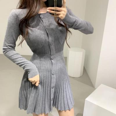 China Fit All-match Slim Sustainable Fashionable Retro Spring Dress Knitted Long Sleeve Dress Pleated Straight Push Up Dress For Women for sale