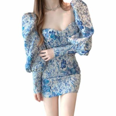 China New Print Long Sleeve Collar Waist Sheath Dress Spring Puff Sleeve Square Dress Viable Tight Casual Dress For Female for sale