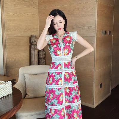 China Viable Women's Embroidery Dress Floral Sleeveless Spring Lace Stitching Slim Fit Dresses New Mid Length Fashion Women Elegant Dresses for sale