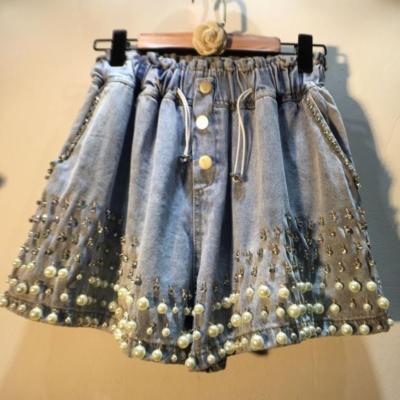 China New Viable Summer Soft Denim Shorts Diamond Beaded High Waist Jeans Shorts Wide-Leg Slim Light Blue Denim Ruler Pants For Women for sale