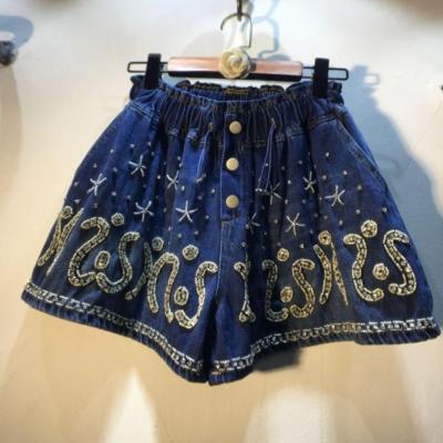 China New Viable Spring Waist Dark Blue Elastic Denim Shorts Diamond Beaded Denim Shorts High Waist Slimming Women's Wide-Leg Denim Abbreviations for sale