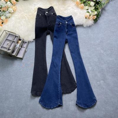 China Spring Autumn New Vintage Women's Bell-Bottom Denim Bell-Bottom Pants Stretch Slim Fit Wide-Leg Pants High Waist Solid Color Flared Jeans for sale