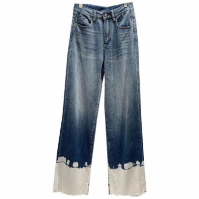 China Viable Spring Autumn New Blue Casual Washed Burr Straight Wide Leg Jeans Dyed Jeans Fashion Natural Waist Denim Pants For Women for sale