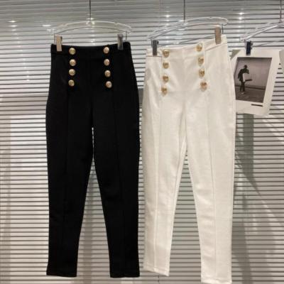 China Viable Ladies Autumn New Classic Style Retro Spring Pants Double Row Metal Buckle High Waist Pencil Pants Slim Fit WhiteTrousers for sale