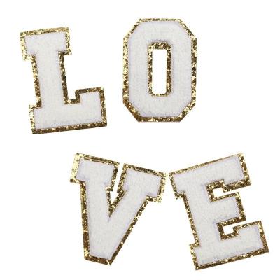 China Sustainable White A-Z 26 Letters Glitter Chenille Embroidered Patches Iron on Alphabet Letters Embroidery Applique Glitter Letter Patches for sale