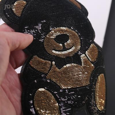 China Sustainable Black Gold Cute Bear Embroidery Patch Big Iron on Sequin Patches Applique for Clothing Badges Fabric Stickers on Clothes Jacket for sale