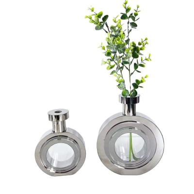 China Simple Silver Round Crystal Vase Decoration Glass China Flower Arrangement Desktop Decoration for sale