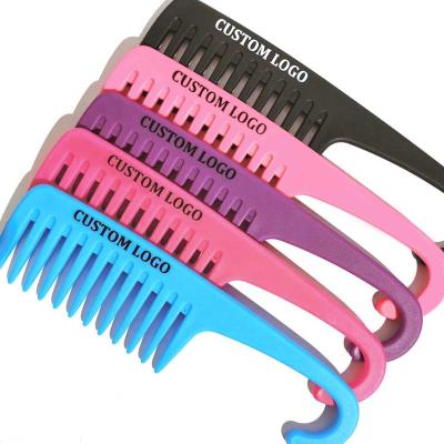 China home & custom salon plastic resin hairdresser braiding curly detangle wide tooth shower hair comb set with hook logo for sale