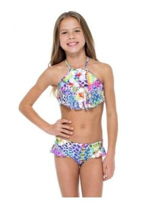 China Girl's Printed Crop Top Bikini With Frills - Guajira High Neck for sale