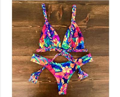 China 2019 Ruffle Women Swimsuit Cross Bandage Swimwear Push Up Bikini Set Beach for sale