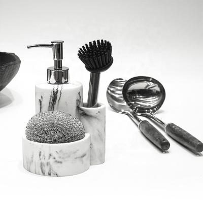 China Minimalist Creative Accessories Set, Soap Dispenser with Sponge Brush Holder, Marble Pattern Kitchen Soap Pump Resin Bathroom Dispenser for sale