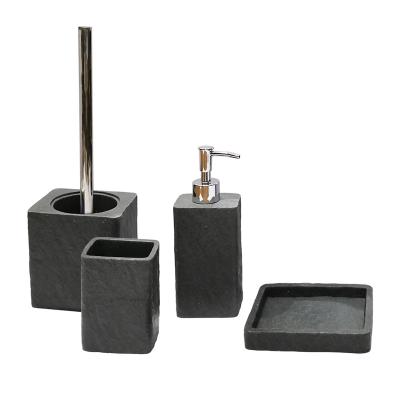 China Sustainable 4 Pieces Bathroom Accessories Set Stone Black Hotel Square Resin Bathroom Decor Toilet Brush Holder Home Cup Soap Dish Dispenser for sale