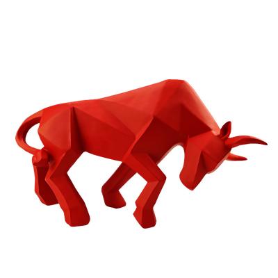 China Europe and America OEM Abstract Red Bull Sculptures Geometric Ox Morden Figurine Frighten Ornament Animal Living Room Resin Figurine Desktop Decoration for sale