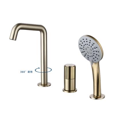 China Without Slide Bar 3 Hole Bathtub Faucet Deck Mounted Nickel Gold Hot And Cold Brushed Tub Faucet With Hand Shower for sale